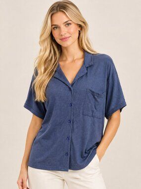 2/$30 TAHARI Lapel Notched Collar Button-Down Shirt Indigo Medium #A5337